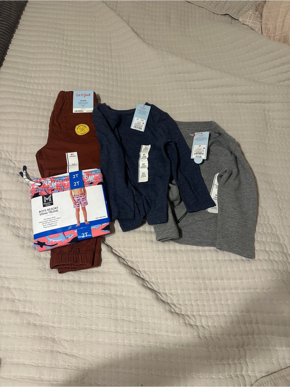 Toddler Essentials Pack - Navy Top, Gray Tee, Rust Pants & Shark Swim Trunks